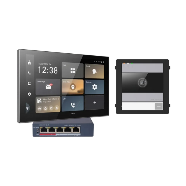 Hikvision modular video intercom kit with DS-KD8005-IME1 door station, DS-KH9570-WTE1 monitor and DS-3E1105P-EI PoE switch