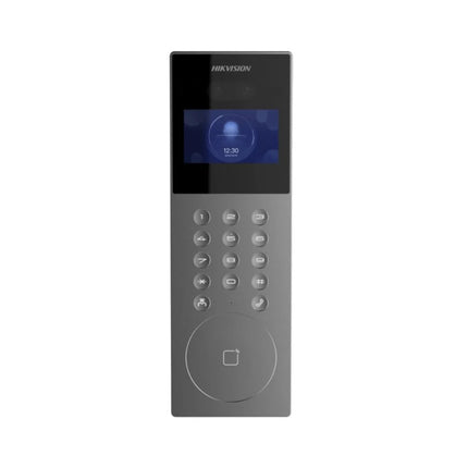 Hikvision DS-KD9203-E6 face recognition apartment door station with a silver and black housing panel
