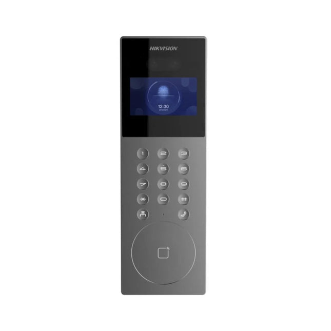 Hikvision DS-KD9203-E6 face recognition apartment door station with a silver and black housing panel