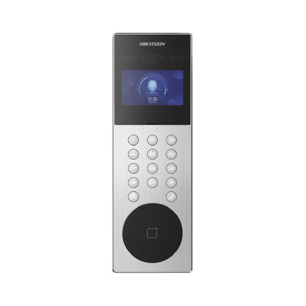 Hikvision DS-KD9203-ME6 facial recognition IP door station front view showing 4.3-inch LCD screen and keypad.