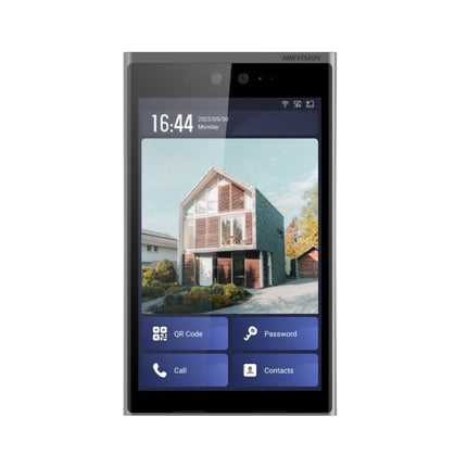 Front view of the Hikvision Ultra Series DS-KD9633-WBE6 video door station featuring an ultra-thin anodized aluminum frame and a large 10.1-inch 2.5D curved glass touchscreen.
