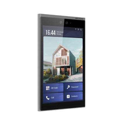 Side angle view highlighting the slim profile of the Hikvision IP video intercom, showing its high-brightness capacitive IPS display panel and weather-resistant outdoor housing.