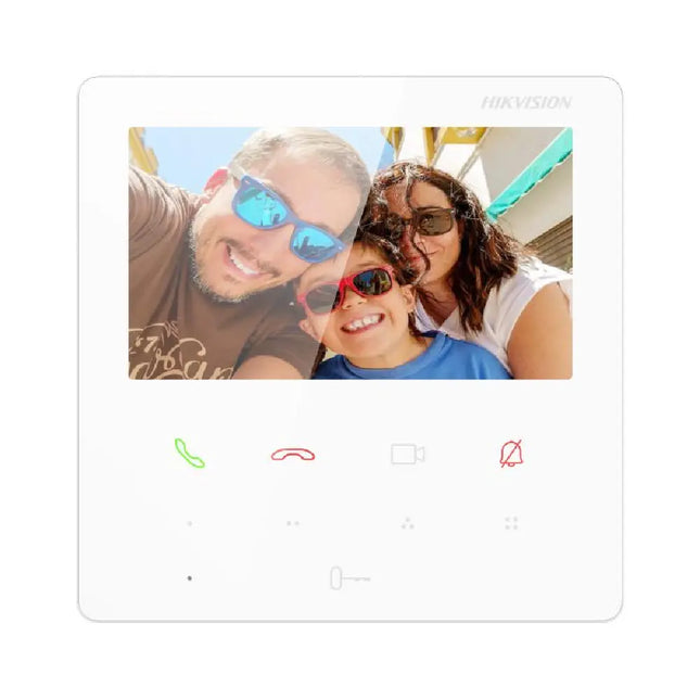 Hikvision DS-KH6110-WE1 4.3-inch white IP video intercom indoor station front view showing touchscreen interface and quick-access buttons.