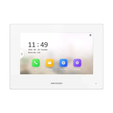 Front view of the Hikvision DS-KH6320-LE1 Pro Series 7-inch IP indoor intercom monitor, showcasing its clean modern bezel framing a vibrant capacitive color touch display.
