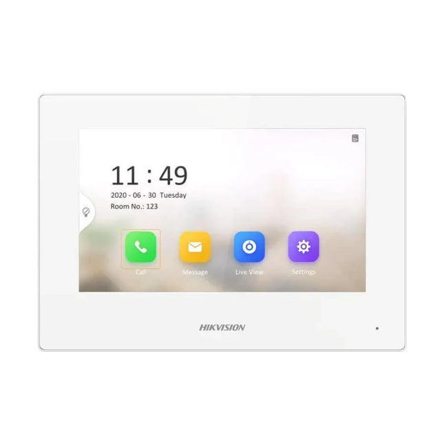 Front view of the Hikvision DS-KH6320-LE1 Pro Series 7-inch IP indoor intercom monitor, showcasing its clean modern bezel framing a vibrant capacitive color touch display.