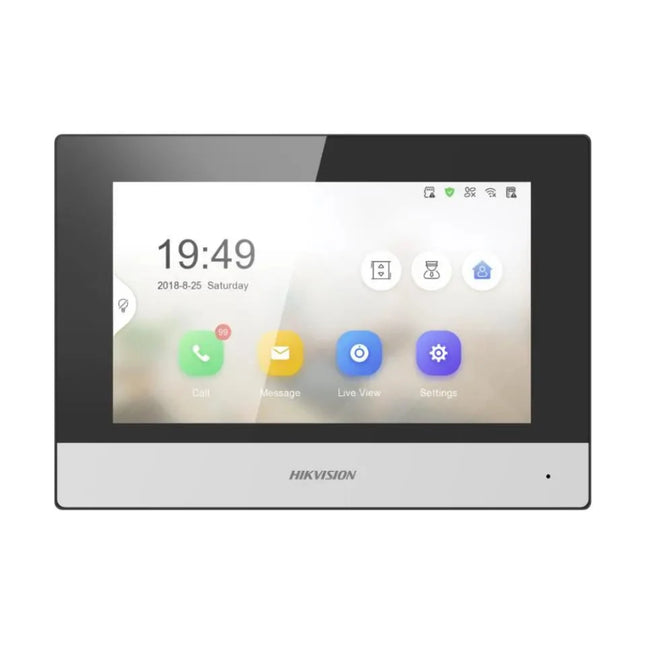 Front view of the white Hikvision DS-KH6320-WTE2 Gen2 Pro Series 7-inch 2-wire indoor intercom monitor, highlighting its clean white bezel framework and capacitive color touchscreen display.