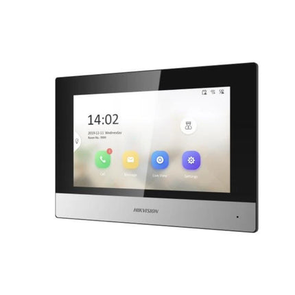 Close-up of the active 1024x600 resolution TFT LCD screen on the white Hikvision 2-wire indoor station, demonstrating the user-friendly UI V2.0 navigation menu tiles and a live video feed from an outdoor camera module.