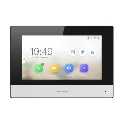 Front view of the white Hikvision DS-KH6320Y-WTE2 KH6 Series 2-wire indoor intercom station, showcasing its clean housing and 7-inch capacitive touch screen display.