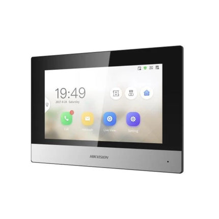 Side angle view of the surface-mounted Hikvision white room screen, highlighting its low-profile 23.6mm casing depth and integrated omnidirectional microphone housing.