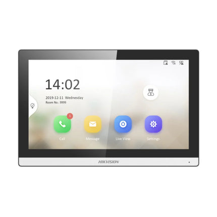 Front view of the Hikvision DS-KH6350-WTE1 KH6 Series Pro 7-inch IP indoor intercom monitor, highlighting its sleek narrow bezel and vibrant capacitive touch display screen.