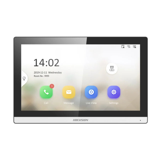 Front view of the Hikvision DS-KH6350-WTE1 KH6 Series Pro 7-inch IP indoor intercom monitor, highlighting its sleek narrow bezel and vibrant capacitive touch display screen.