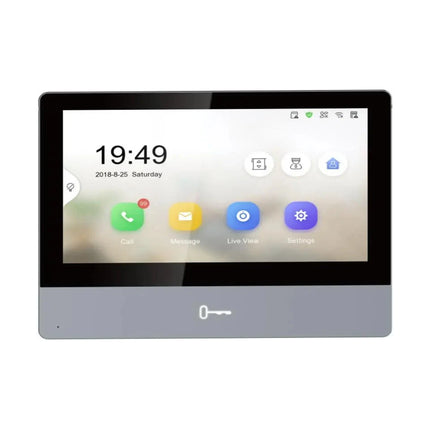 Front view of the premium Hikvision DS-KH8350-WTE1 indoor video intercom station, showcasing its Red Dot Award-winning aerospace-grade aluminum chassis and sleek tempered glass faceplate framing a 7-inch IPS touch screen.