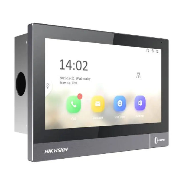 Architectural flush mount installation diagram of the Hikvision DS-KH8381-WTE1-FLUSH Android indoor intercom display panel.