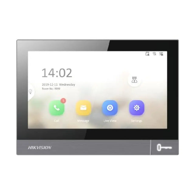 Front view of Hikvision DS-KH8381-WTE1-FLUSH premium 7-inch touchscreen video intercom indoor station featuring its sleek UI profile.