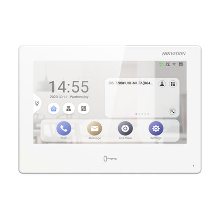 Front view of the white Hikvision DS-KH9310-WTE1 Ultra Series 7-inch Android IP indoor intercom station, showcasing its clean contemporary housing and capacitive touch screen.