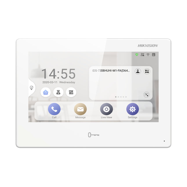 Front view of the white Hikvision DS-KH9310-WTE1 Ultra Series 7-inch Android IP indoor intercom station, showcasing its clean contemporary housing and capacitive touch screen.