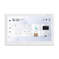 Front view of the Hikvision DS-KH9510-WTE1 10.1-inch smart indoor intercom station, showcasing its large capacitive touchscreen display panel and sleek modern white trim.
