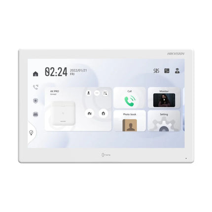 Front view of the Hikvision DS-KH9510-WTE1 10.1-inch smart indoor intercom station, showcasing its large capacitive touchscreen display panel and sleek modern white trim.