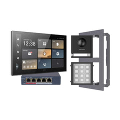 Hikvision modular video intercom bundle with 10.1-inch monitor, door station, keypad, mounting box and PoE switch