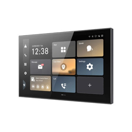 Close-up of the active 1920x1200 Super HD IPS display on the Hikvision Android 14 indoor panel, demonstrating the user interface menu, system apps, and live surveillance camera grid layouts.