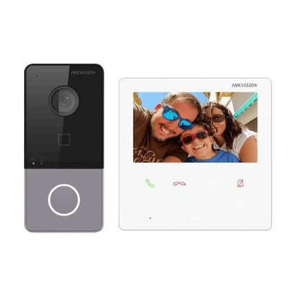 Hikvision DS-KIS606-P IP video intercom kit showing 2MP outdoor door station with rain shield and 4.3-inch indoor monitor screen.