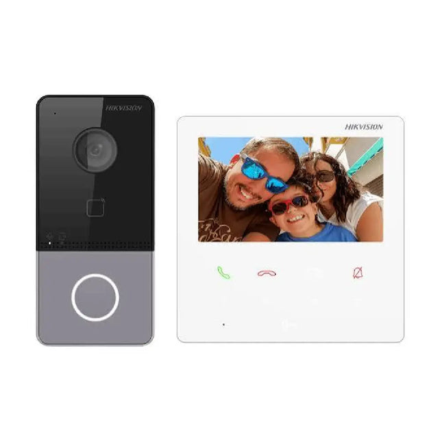 Hikvision DS-KIS606-P IP video intercom kit showing 2MP outdoor door station with rain shield and 4.3-inch indoor monitor screen.