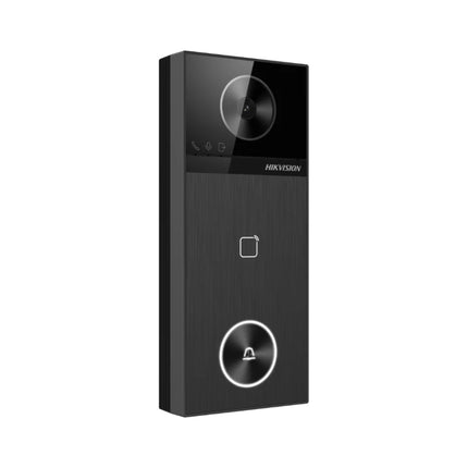 Close up of the Hikvision 4MP intercom camera section featuring a 150-degree ultra-wide-angle lens and 3m IR night vision