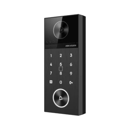 Close up view of the Hikvision DS-KV6124-WBE1 showing the backlit PIN keypad, a physical call button, and the built-in Mifare RFID card reader