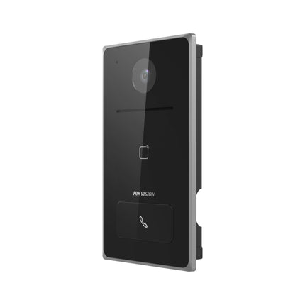 Hikvision DS-KV6133-WME1 outdoor video door station flush-mounted at a modern entrance.