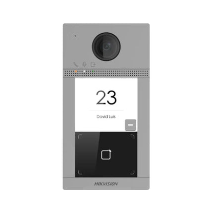 Front view of the Hikvision DS-KV8413-WME1 Gen2 surface-mount villa door station featuring an aluminum alloy faceplate, 4 physical nametag call buttons, and an integrated 2MP camera.