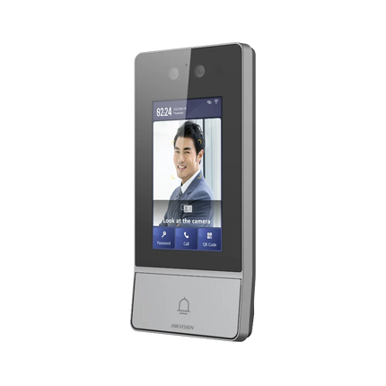 Hikvision DS-KV9503-WBE1 IP intercom door station angled view with touchscreen and dual cameras
