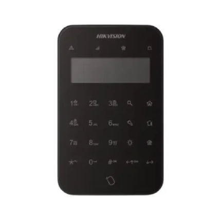 Modern commercial office entryway featuring the Hikvision DS-PK1-LT-WB wireless LCD keypad mounted on wall.