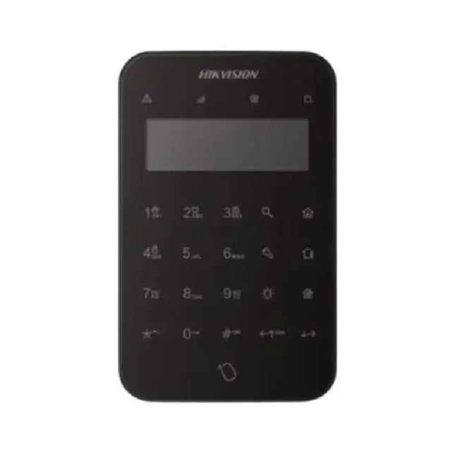 Modern commercial office entryway featuring the Hikvision DS-PK1-LT-WB wireless LCD keypad mounted on wall.