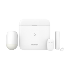Complete Hikvision AX PRO Wireless Alarm Kit including hub, PIR sensor, door contact, and keyfob.