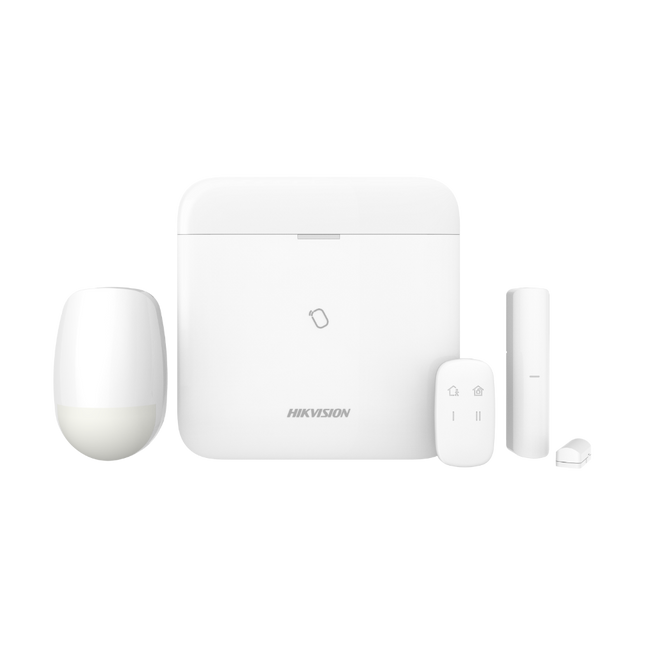 Complete Hikvision AX PRO Wireless Alarm Kit including hub, PIR sensor, door contact, and keyfob.