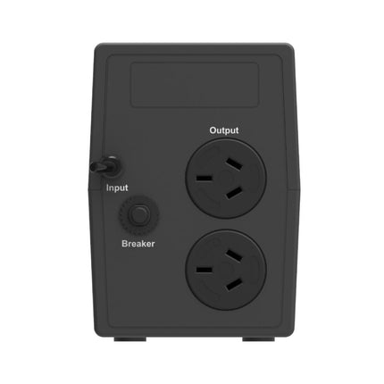 Rear panel view of Hikvision DS-UPS600-R-AUS UPS showing Australian Type I power outlets and input circuit protection.