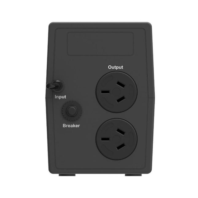 Rear panel view of Hikvision DS-UPS600-R-AUS UPS showing Australian Type I power outlets and input circuit protection.
