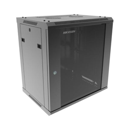 Hikvision DS-XS6412-S/B 12U wall-mount rack cabinet with toughened glass lockable door.