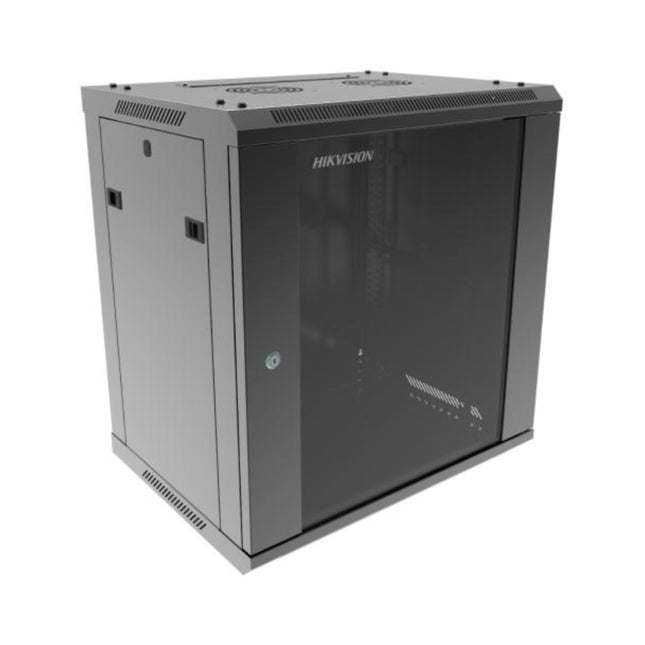 Hikvision DS-XS6412-S/B 12U wall-mount rack cabinet with toughened glass lockable door.