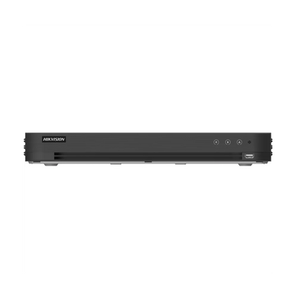 Hikvision iDS-7216HUHI-M2/XT 16-channel AcuSense Turbo HD DVR — front panel view showing status indicators, USB 2.0 port and Hikvision brand — 1U rack-mount form factor for equipment room installation