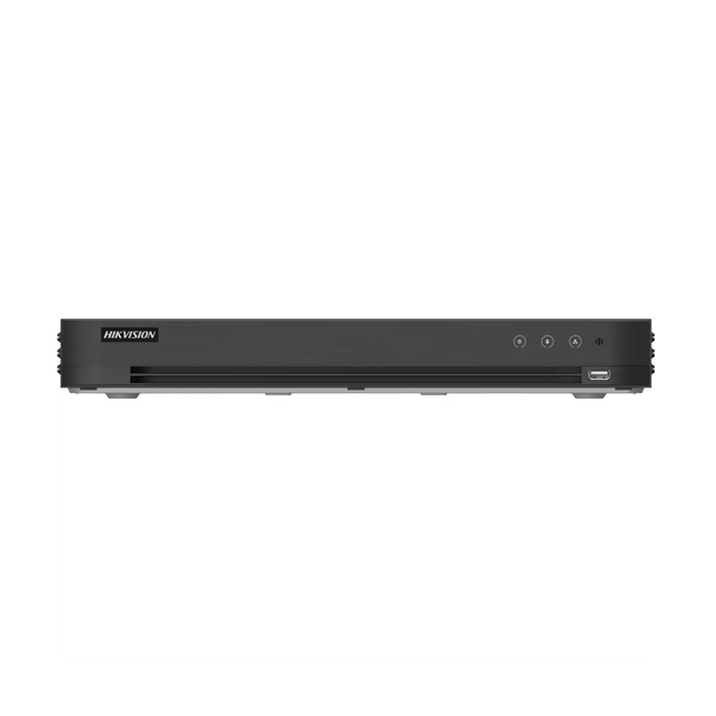 Hikvision iDS-7216HUHI-M2/XT 16-channel AcuSense Turbo HD DVR — front panel view showing status indicators, USB 2.0 port and Hikvision brand — 1U rack-mount form factor for equipment room installation