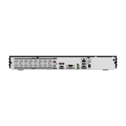 Rear panel of Hikvision iDS-7216HUHI-M2/XT hybrid DVR — 16 BNC analogue video inputs (5-in-1 auto-detect for HDTVI, AHD, HDCVI, CVBS and IP), 4K HDMI output, VGA output, Gigabit Ethernet RJ-45, 2× USB 3.0, RS-485 and 12 VDC power input