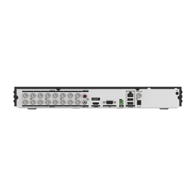 Rear panel of Hikvision iDS-7216HUHI-M2/XT hybrid DVR — 16 BNC analogue video inputs (5-in-1 auto-detect for HDTVI, AHD, HDCVI, CVBS and IP), 4K HDMI output, VGA output, Gigabit Ethernet RJ-45, 2× USB 3.0, RS-485 and 12 VDC power input