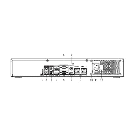 Hikvision iDS-7716NXI-M4/16P/X rear panel showing 16 PoE ports, dual HDMI 8K + 4K outputs and quad SATA bays