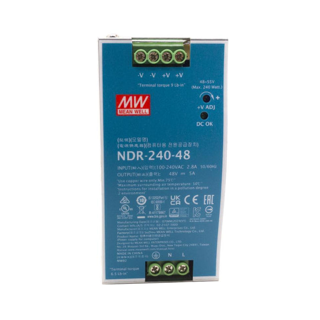 HIKVISION NDR-240-48 240W 48V single output industrial DIN rail power supply front panel view showing terminal block connection and LED status indicator.