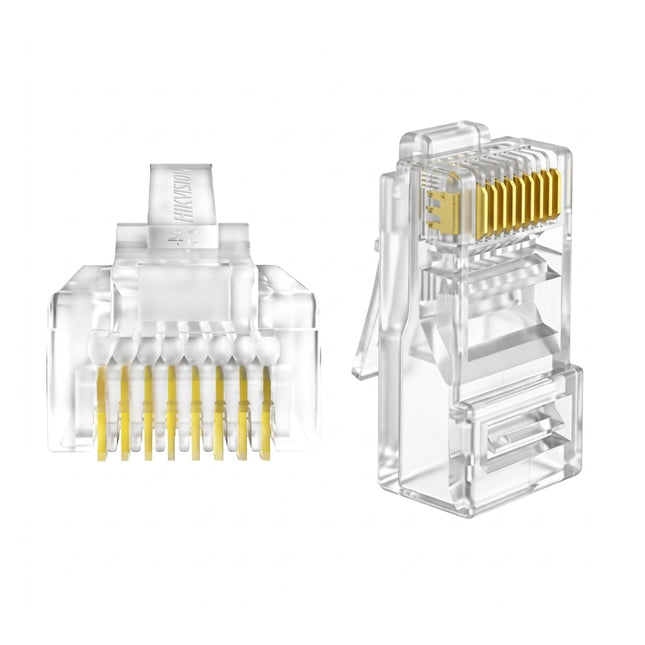 Detail view of gold-plated contacts on Hikvision DS-1M-RJ45-Plug