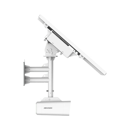 ALT Text: Hikvision 80W solar panel module mounted with 4G LTE security camera unit for off-grid surveillance.