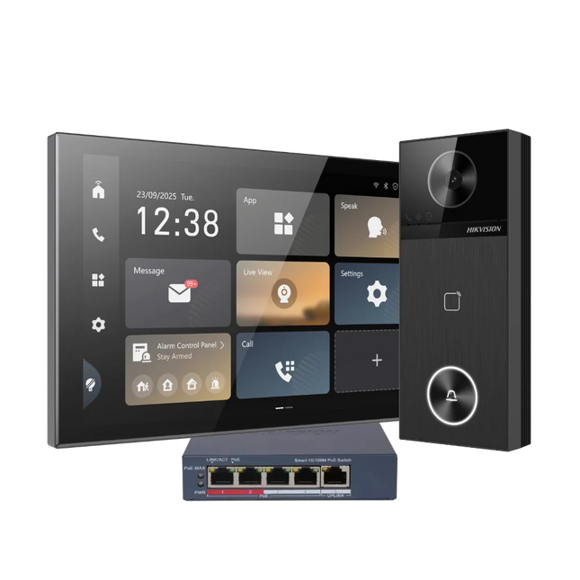 Hikvision video intercom kit with door station indoor monitor and PoE switch complete system
