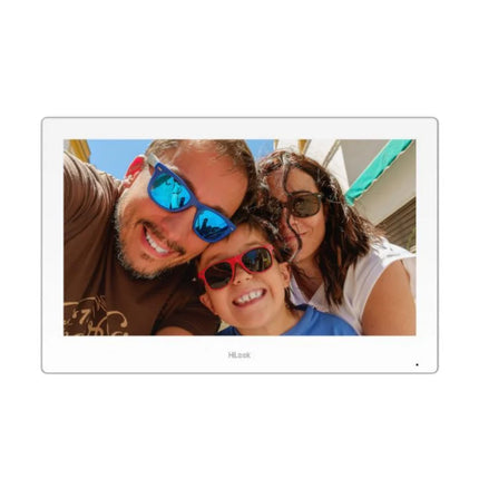 HiLook 7-inch touchscreen indoor monitor displaying mobile app control through Hik-Connect