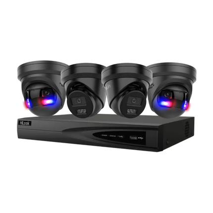 HiLook 8MP 4K Smart Hybrid Light CCTV kit in black — two 180° panoramic turrets and two AcuSense turret cameras with 8-channel PoE AI NVR